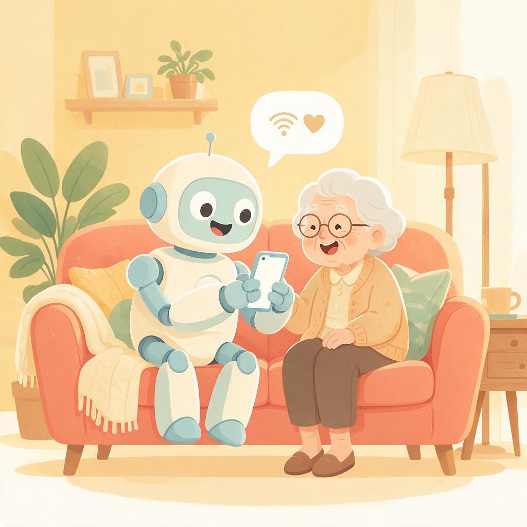 Illustration d'un petit robot souriant assis sur un canapé à côté d'une dame âgée, lui montrant quelque chose sur un téléphone